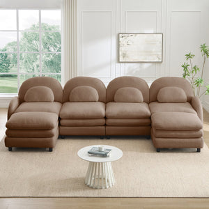 English Elm Teddy Fleece Curved Modular Sectional Sofa with Movable Ottomans for Cozy Living Rooms Camel W5656S00109