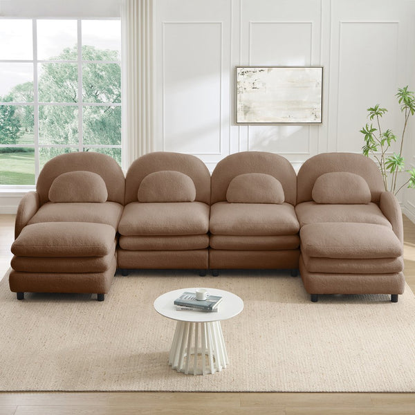 English Elm Teddy Fleece Curved Modular Sectional Sofa with Movable Ottomans for Cozy Living Rooms Camel W5656S00109