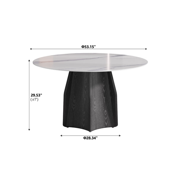 English Elm 53" Round Marble Dining Table – Elegant Sintered Stone Top With Black Solid Wood Base For 6 People W1535S00379