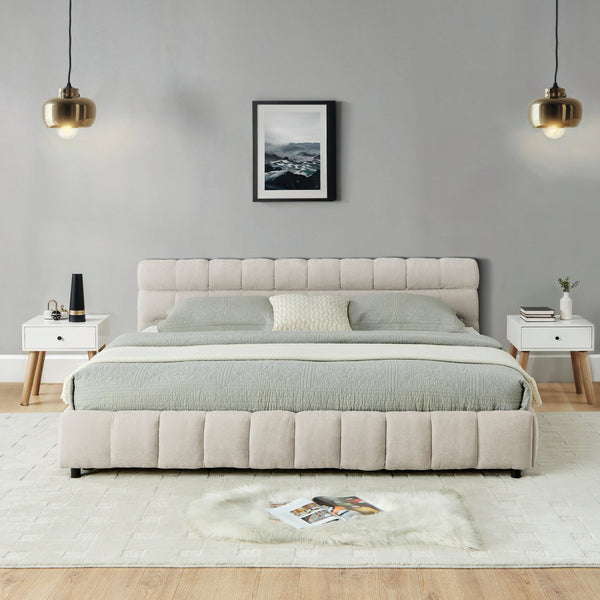 English Elm California King Platform Bed Chenille Upholstered Frame with Storage Drawers Modern Beige W487S00422