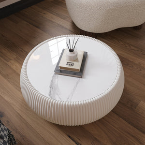 English Elm Light Marble Top Drum-Shaped Coffee Table: Chic Leather-Wrapped Design For Stylish Living Spaces W3081P367626