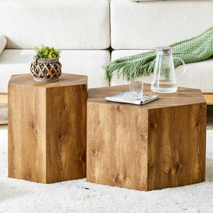 English Elm Modern Minimalist Set Of Two Hexagonal Wood-Grain Mdf Coffee Tables.Modern Mdf Coffee Table, With Complex Texture Patterns, Style and Texture Coffee Table To Redefine Your Interior Decoration.