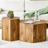 Modern Minimalist Set of Two Hexagonal Wood-Grain MDF Coffee Tables with Complex Texture Patterns, Style and Texture. Elevate Your Interior Decor.