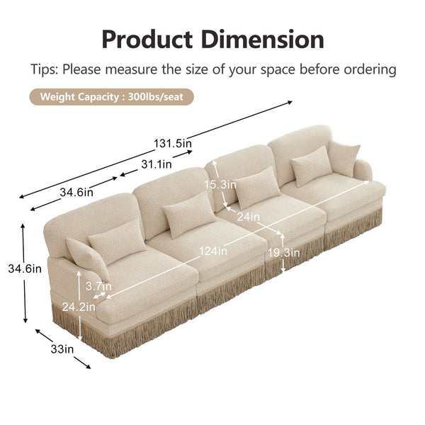 English Elm 131" Chenille Leopard Sectional Sofa Modular 4 Seat Deep Cushion Tassel Trim Beige W5656S00007