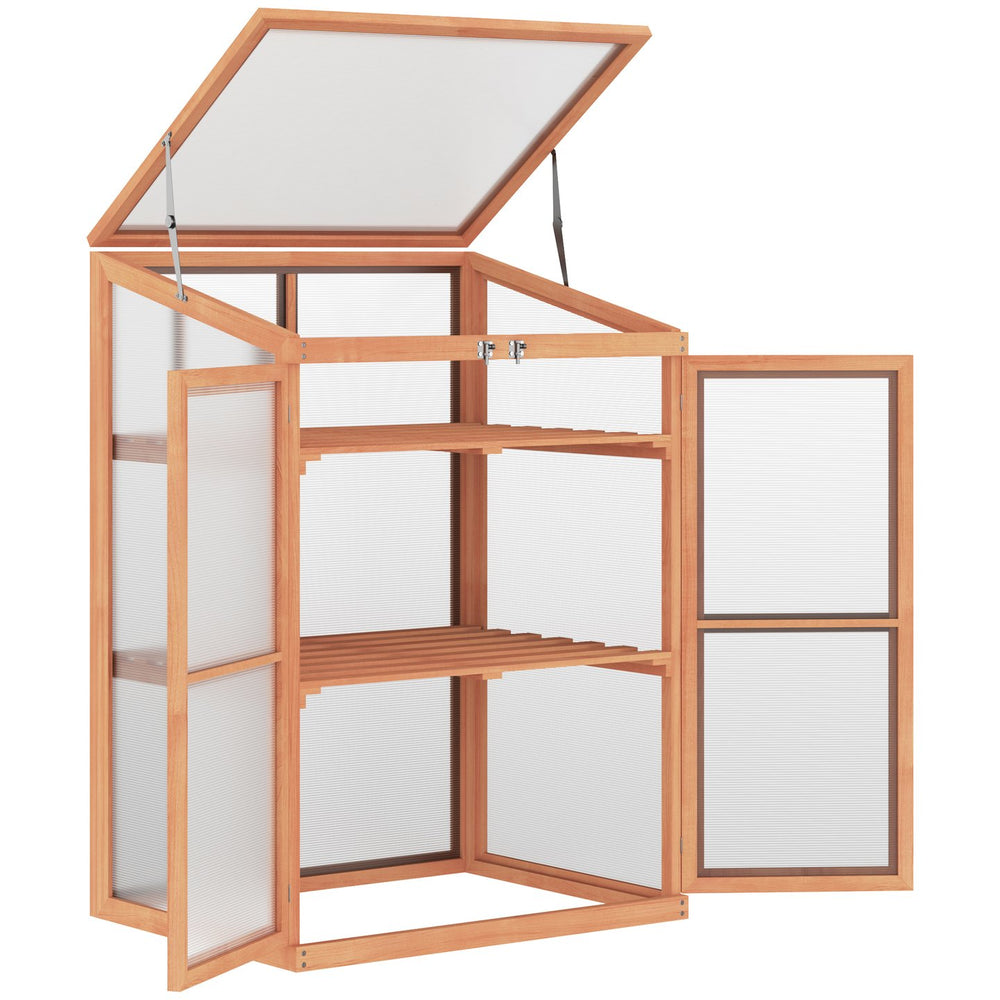 English Elm Outsunny Fir Wood Mini Greenhouse Cabinet with Polycarbonate Panels and Slatted Shelves W2225P200750