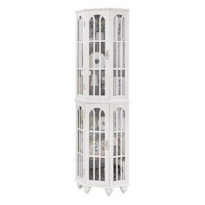English Elm Corner Curio Cabinet with 6 Shelves, Tempered Glass Display, Built-In Lighting, Mirrored Back White W1693P216951