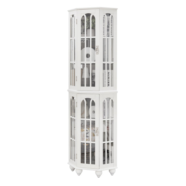 English Elm Corner Curio Cabinet with 6 Shelves, Tempered Glass Display, Built-In Lighting, Mirrored Back White W1693P216951