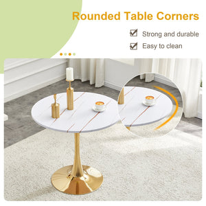 English Elm Round Faux Marble Tulip Pedestal Dining Table Mid Century Modern for Small Bistro Spaces Gold+White W2920P400992