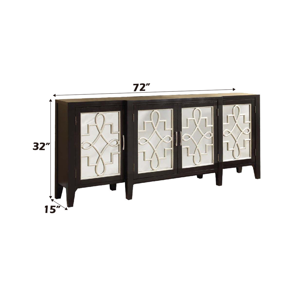English Elm Kacia Antique Black Console Cabinet with Gold Ornamental Mirror Front, 4-Door Storage, Solid Wood Legs B2726P277145