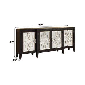 English Elm Kacia Antique Black Console Cabinet with Gold Ornamental Mirror Front, 4-Door Storage, Solid Wood Legs B2726P277145