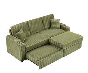 English Elm 80" Corduroy Multi-Function Sofa with Hidden Recliner, Space-Saving Design, Armrests, Cup Holders, Removable Footstool Green W3356S00019