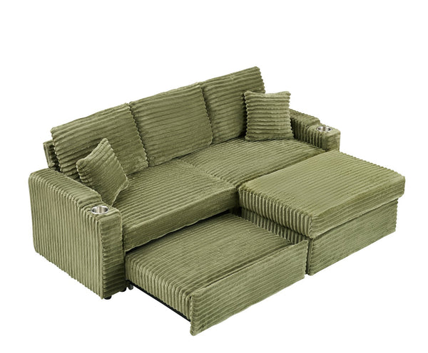 English Elm 80" Corduroy Multi-Function Sofa with Hidden Recliner, Space-Saving Design, Armrests, Cup Holders, Removable Footstool Green W3356S00019