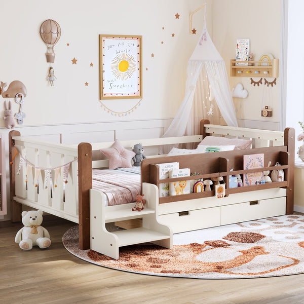 English Elm Twin Pine Floor Bed with Guardrails Built-in Bookcases and Stair Steps for Kids Beige W1580P430199