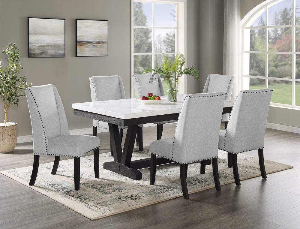 English Elm 7pc Faux Marble Rectangular Dining Set Wingback Tufted Chairs Nailhead Gray Upholstery B011S00990