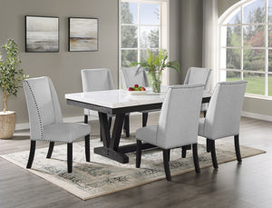 English Elm 7pc Faux Marble Rectangular Dining Set Wingback Tufted Chairs Nailhead Gray Upholstery B011S00990