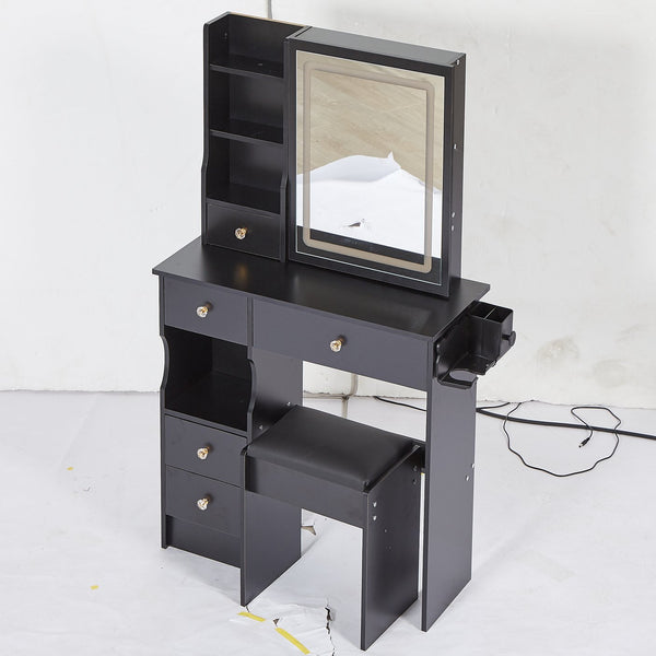 English Elm 29.2" Compact Left Drawer Vanity Table Set With Led Mirror, Power Station, & Cushioned Stool For Style W936P226037