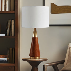 JLA Home INK+IVY - Triangular Pecan Wood Table Lamp with Gold Accents, White Drum Shade, LED Bulb Included for Mid‑Century Charm II153-0006