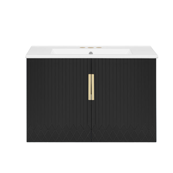 English Elm 60" Vintage Bathroom Vanity with Ceramic Sink Wall-Mount Modern Striped Design Durable MDF Wood Finish Black N710SS00010B