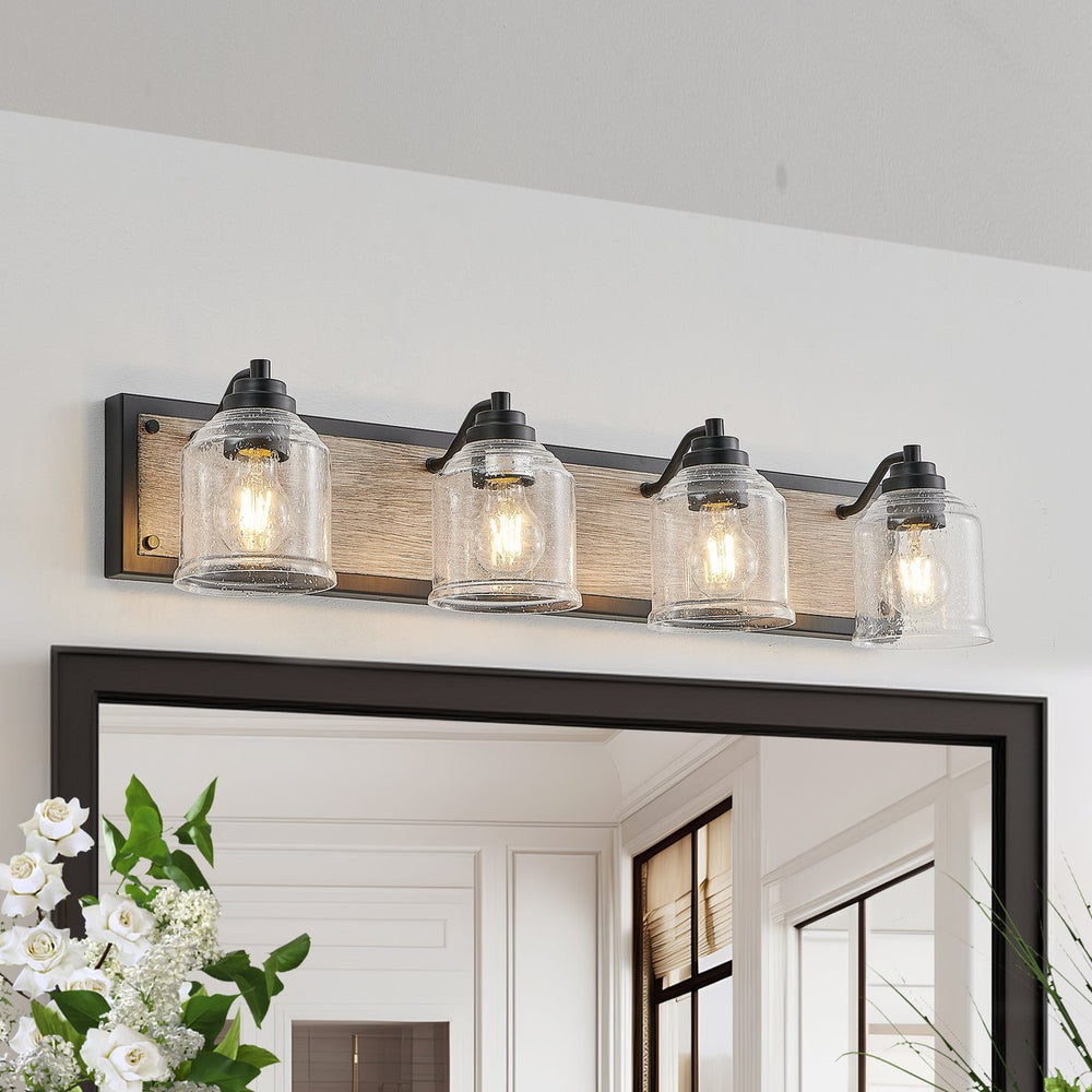 English Elm 32" Farmhouse Vanity Light Fixture - 4-Light Industrial Wall Sconce, Clear Seeded Glass, Black Wood Blend W2312P374827