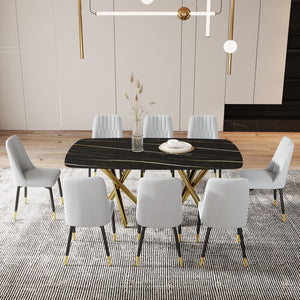 Hearth and Haven Large Modern Minimalist Rectangular Dining Table with 0.39 "Imitation Marble Black Desktop and Gold Metal Legs, Paired with 8 Chairs with Leatherette Cushions and Black Metal Legs.F-1538 C-007 W1151S00874 W1151S00874