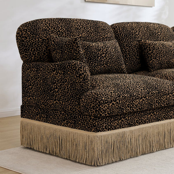English Elm 100"comfy Chenille Leopard Print Sectional Sofa with Tassel Trim and Movable Ottoman Brown W5656S00014
