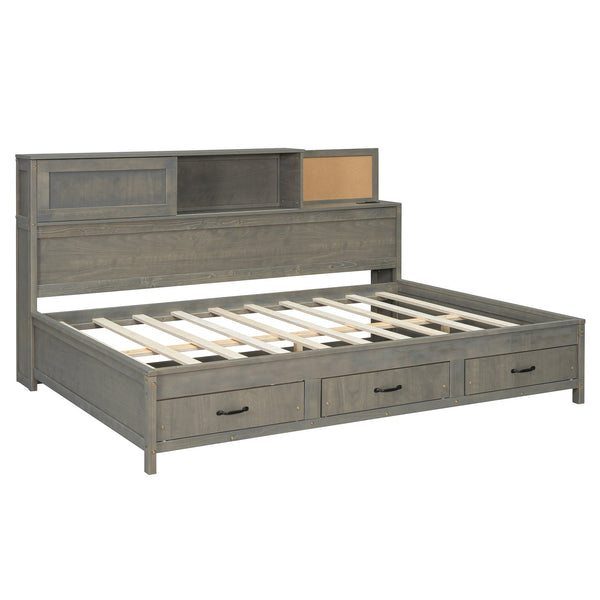 English Elm Full Size Gray Wood Daybed with Storage Drawers Shelf Usb Charging Upholstered Back LP002025AAE-1