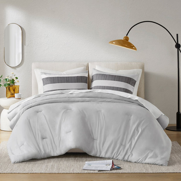 JLA Home Comfort Spaces - Stripe Textured Comforter Set — Lightweight Oeko‑Tex Microfiber Striped Design for Year‑Round Comfort 90 L x 104 W x 1.5H AM10-0133