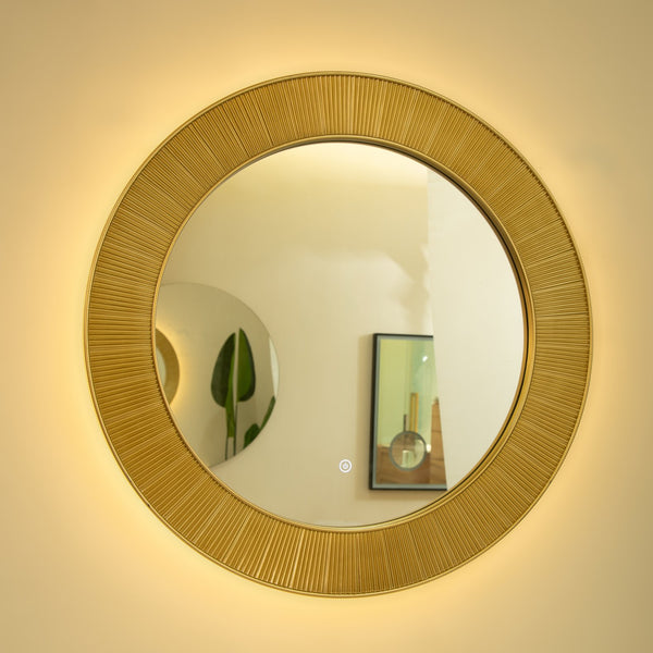 English Elm 31'' Cyclis Mirror with Thick PU Frame, Backlit LED Strip, Touch Dimmer, Three Color Temps, Luxurious Wall Accent Golden,Silver W2615P346496