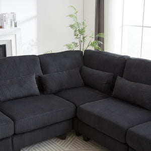 English Elm 102.75*102.75" L-Shaped Modular Sectional Sofa with Corduroy Upholstery, Storage Arm, Cup Holder, 5-Seat Convertible Lounge Black W1926S00052