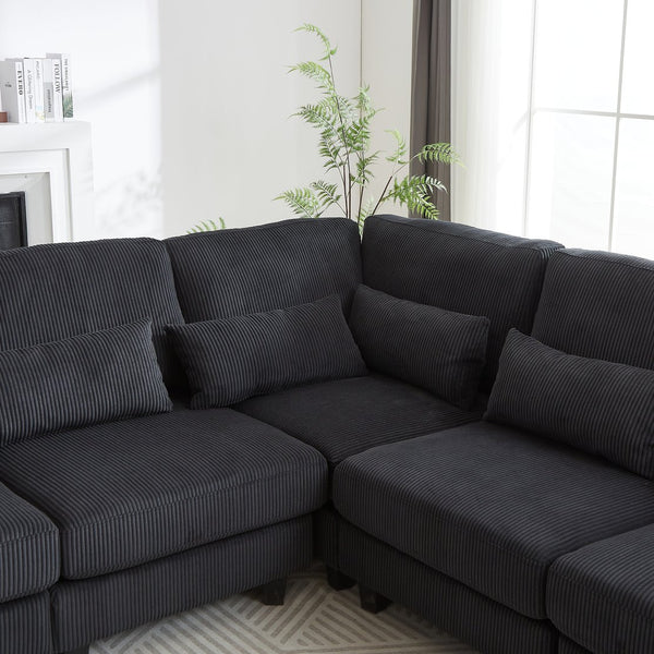 English Elm 102.75*102.75" L-Shaped Modular Sectional Sofa with Corduroy Upholstery, Storage Arm, Cup Holder, 5-Seat Convertible Lounge Black W1926S00052