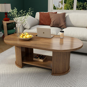 English Elm Oval Fluted Two Tier Coffee Table Walnut Farmhouse Mid Century Living Room Accent W2641P422954