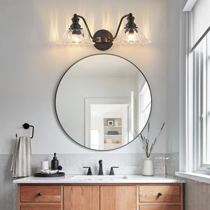 English Elm 20 Inch 2-Light Vintage Bathroom Wall Sconce with Iron and Glass Shades – Elegant Vanity Lighting for Mirror and Hallway Black W2312P374842