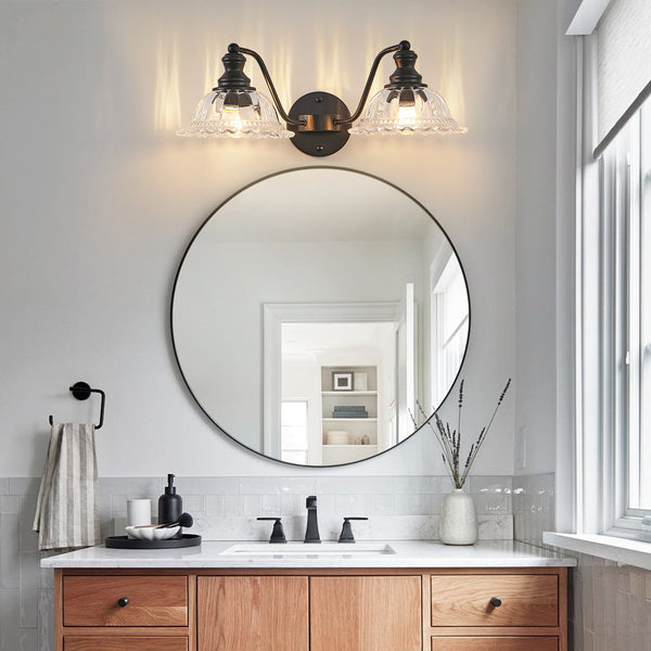English Elm 20 Inch 2-Light Vintage Bathroom Wall Sconce with Iron and Glass Shades – Elegant Vanity Lighting for Mirror and Hallway Black W2312P374842