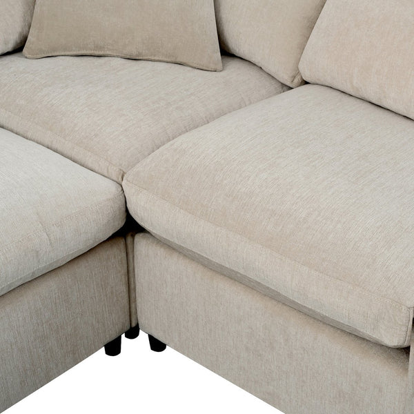 English Elm U_style Seven Seat Modular Sectional Chenille Sofa with Ottoman Pine Frame Living Room Beige WY000469AAA