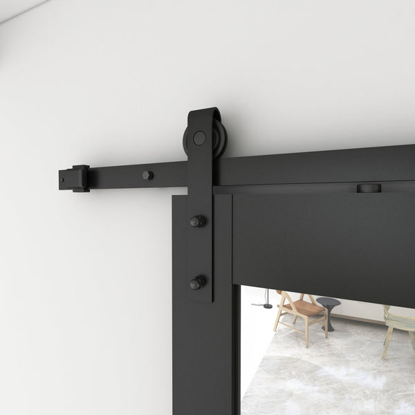 English Elm 30 in Matte Black Steel Sliding Barn Door Frosted Glass Privacy Panel with Hardware Black B2763P483225