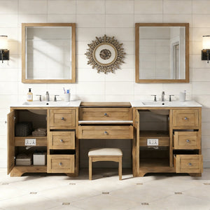 English Elm 84" Double Sink Vanity with Stone Countertop Six Soft Close Drawers and Silver Knobs Wood N817P404196B