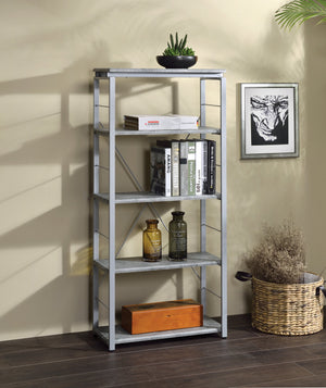 English Elm Jurgen Industrial Faux Concrete & Silver Bookshelf – 5 Shelves, Metal Frame, 4 Open Compartments, KD Tall Etagere B2726P282411