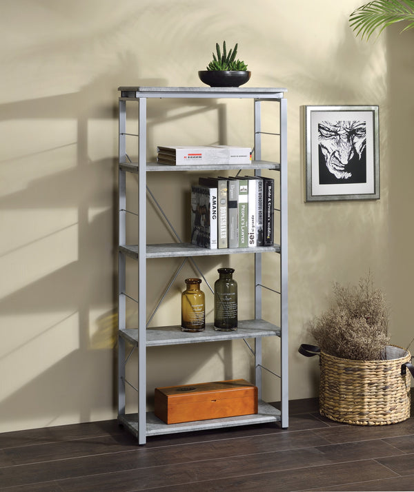 English Elm Jurgen Industrial Faux Concrete & Silver Bookshelf – 5 Shelves, Metal Frame, 4 Open Compartments, KD Tall Etagere B2726P282411