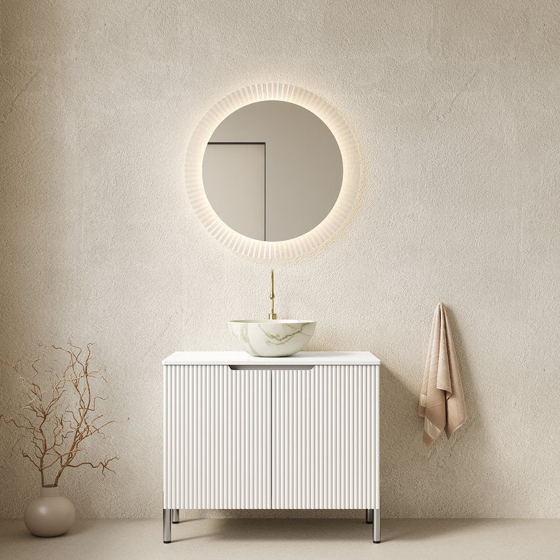 English Elm Turio Freestanding Bathroom Vanity Plywood Cabinet Sintered Stone Top Glass Basin W2615S00558