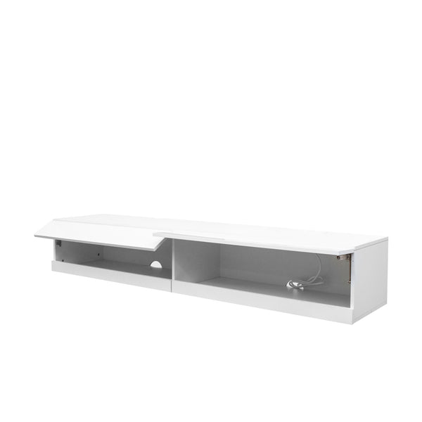 English Elm 180 Wall Mounted Floating 80" TV Stand with 20-Color LED Accent Lighting and Built-In Charging Station White W331P225207