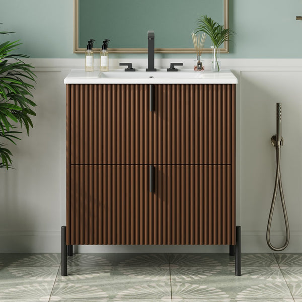English Elm Christopher Knight Home® - 30" Elegant Freestanding Bathroom Vanity With Glossy Ceramic Sink, Soft-Close Drawers & Fluted Design N817P288931D