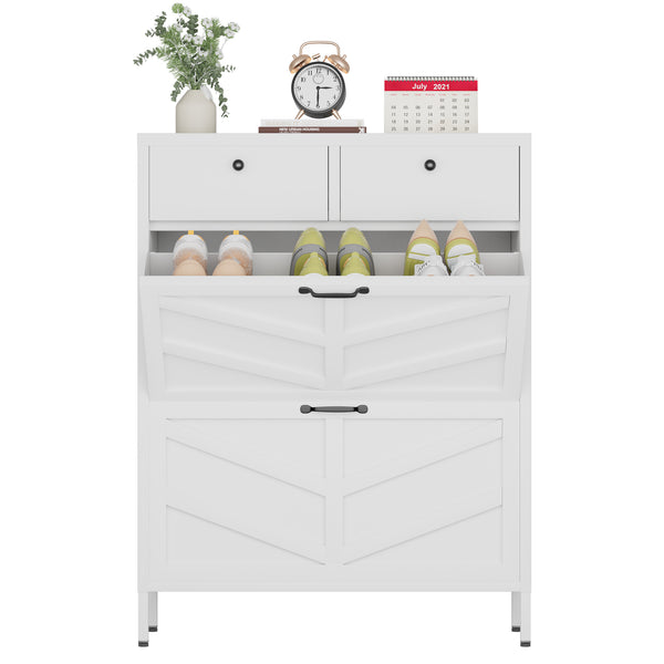 English Elm Shoe Cabinet Slim Steel Entryway Organizer with Flip Compartments and Retro White Finish T2398P413025