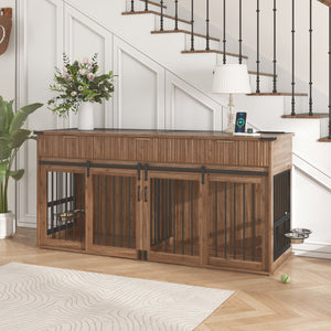 English Elm 71'' Walnut Woodgrain Dog Kennel Cabinet with Fluted Drawers and Built-in Power Station W5216S00002