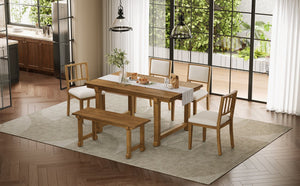 English Elm Trexm Farmhouse Dining Set Seats Six Oak Veneer Table Mixed Chairs Bench Included Beige,Walnut ST000156AAD