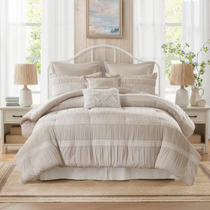 English Elm 7-piece King Jacquard Comforter Set Lace Detail Chambray Cottage Bedroom Ensemble Neutral B035P482889