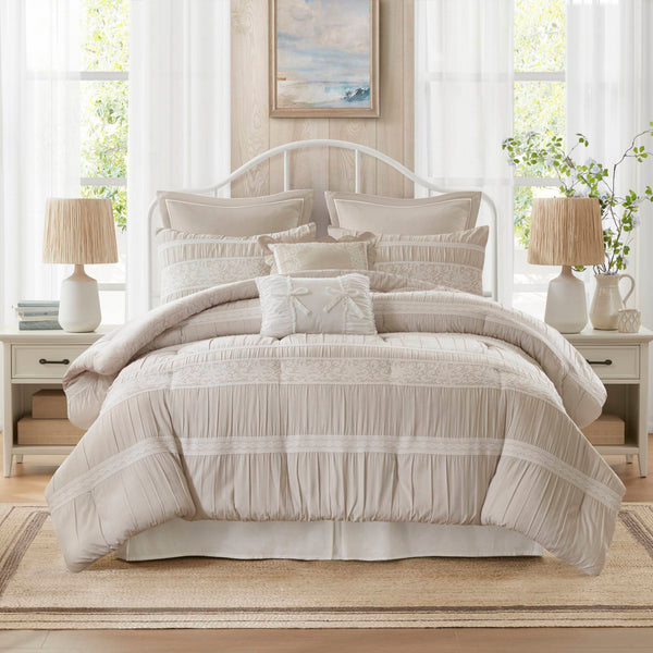 English Elm 7-piece King Jacquard Comforter Set Lace Detail Chambray Cottage Bedroom Ensemble Neutral B035P482889