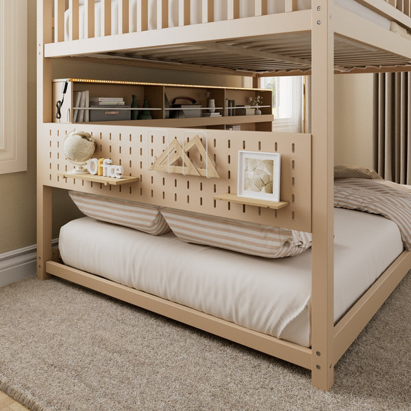 English Elm Full Over Bunk Bed with Led Lighting Pegboard Shelving and Pine Wood Frame Beige LT000278AAA