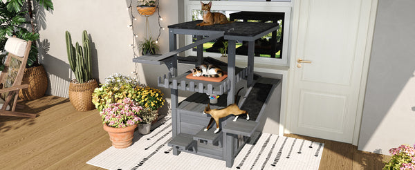English Elm 4 Tier Outdoor Pine Cat Tower with Waterproof Roof Enclosed Den and Balcony Perch Grey N704P436318E