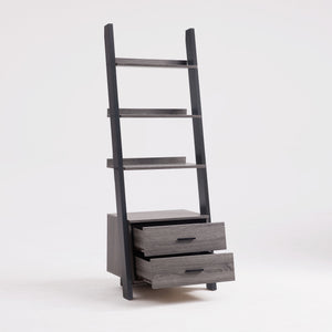 English Elm Two drawer ladder bookcase with two-tone distressed grey & black, 4 shelves, 2 drawers, aluminum bar handles, leaning design stability B107P295241