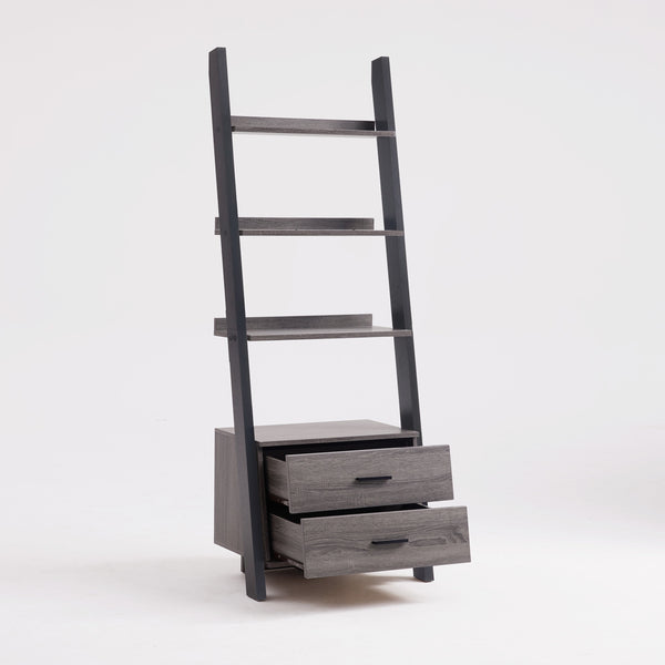 English Elm Two drawer ladder bookcase with two-tone distressed grey & black, 4 shelves, 2 drawers, aluminum bar handles, leaning design stability B107P295241